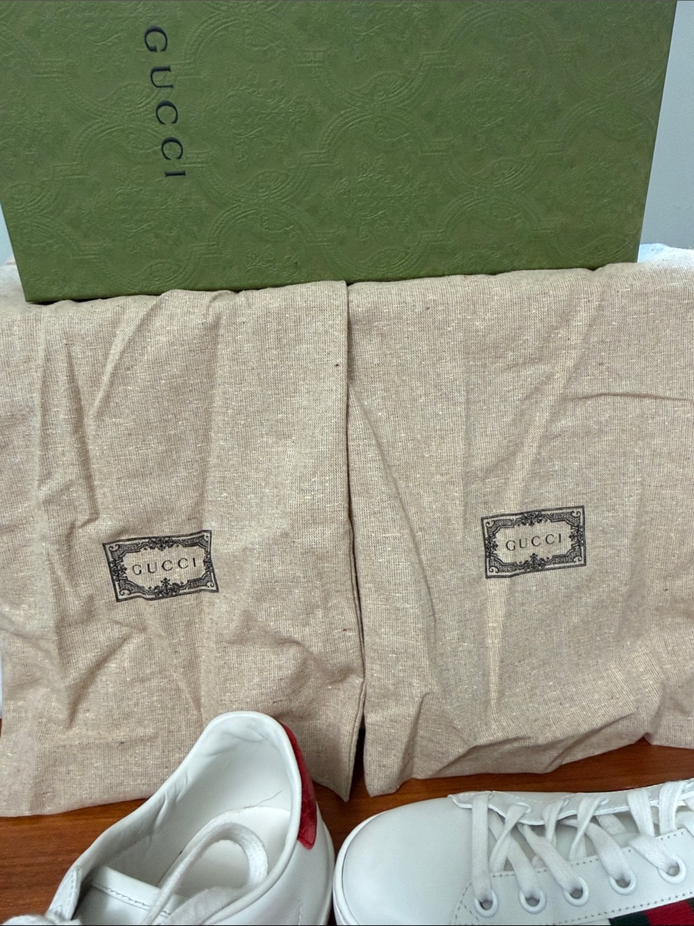 Gucci White Leather Sneakers with Green & Red Web and Gold Bee - Picture 7 of 7